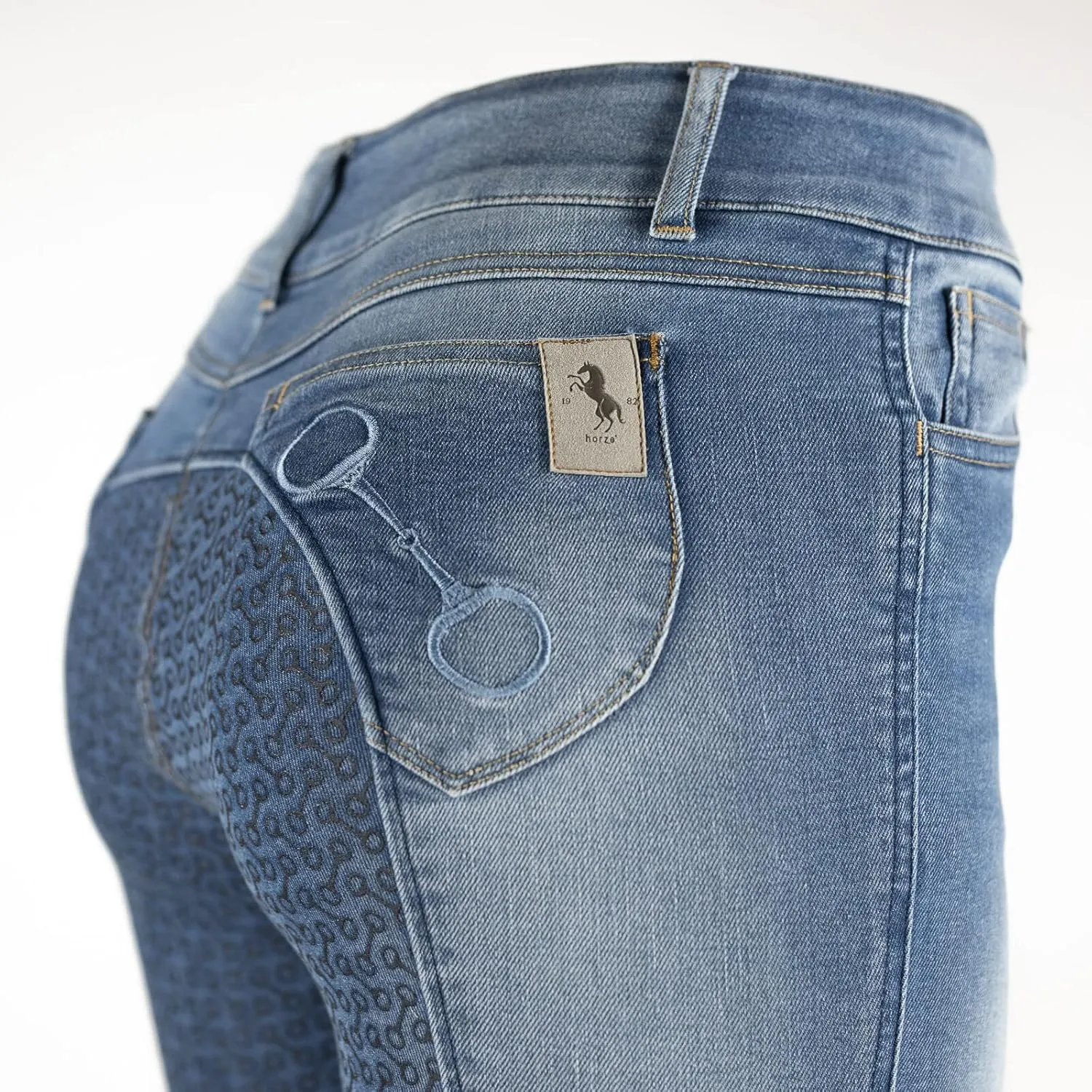 HORZE Kaia Womens Denim Horse Riding Pants | High Waist Silicone Full Seat Breeches | Accurate Size Chart