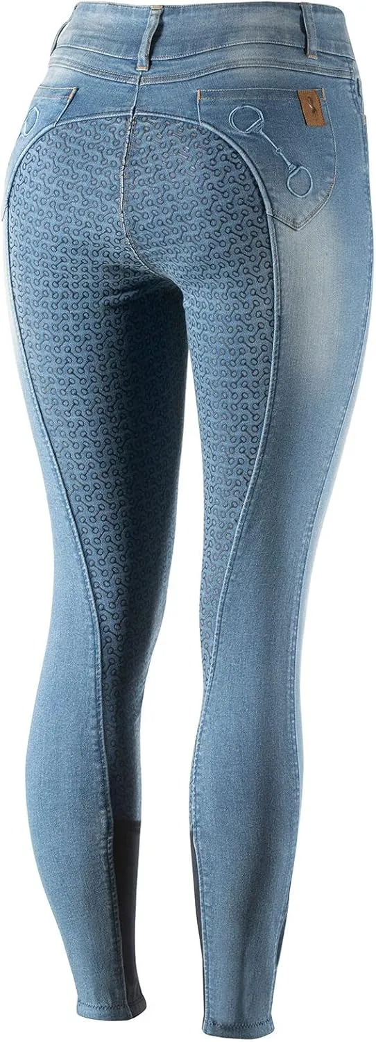 HORZE Kaia Womens Denim Horse Riding Pants | High Waist Silicone Full Seat Breeches | Accurate Size Chart