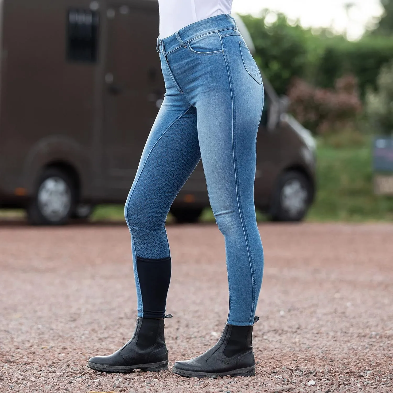 HORZE Kaia Womens Denim Horse Riding Pants | High Waist Silicone Full Seat Breeches | Accurate Size Chart