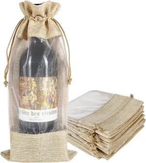 HRX Package 10pcs Burlap Wine Bags with Sheer Window, Hessian Cloth Bottle Gift Bags with Drawstring for Christmas Holiday Wedding Party
