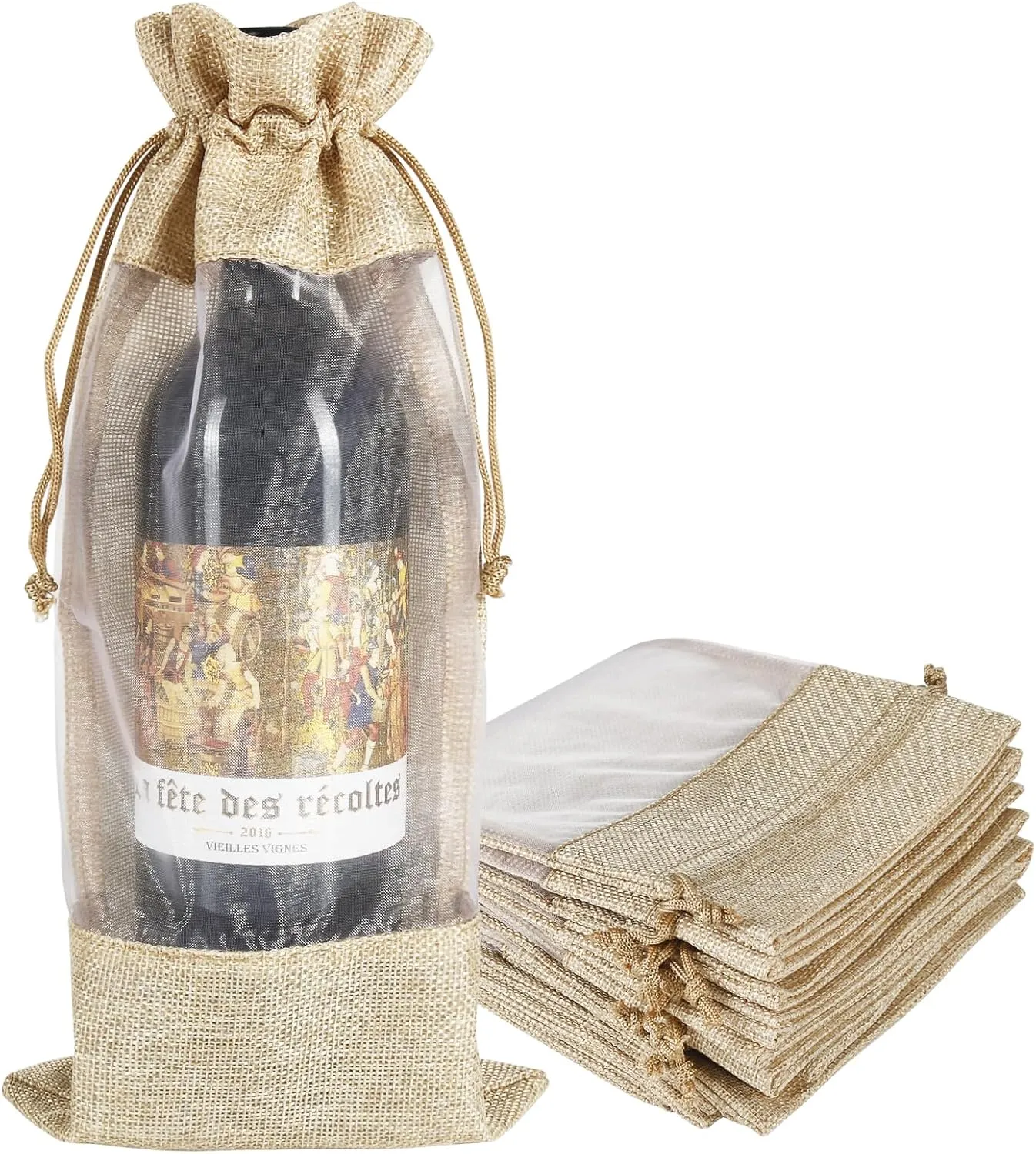 HRX Package 10pcs Burlap Wine Bags with Sheer Window, Hessian Cloth Bottle Gift Bags with Drawstring for Christmas Holiday Wedding Party