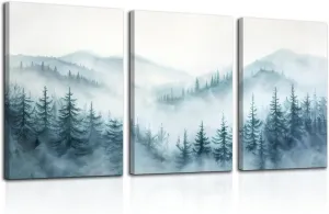 HTTART Foggy Forest Trees Landscape Wall Art, Blue Misty Spruce Forest Painting Artwork, Nature Scene Canvas Art for Living Room, Bedroom Framed Ready to Hang 12"x16" Set of 3