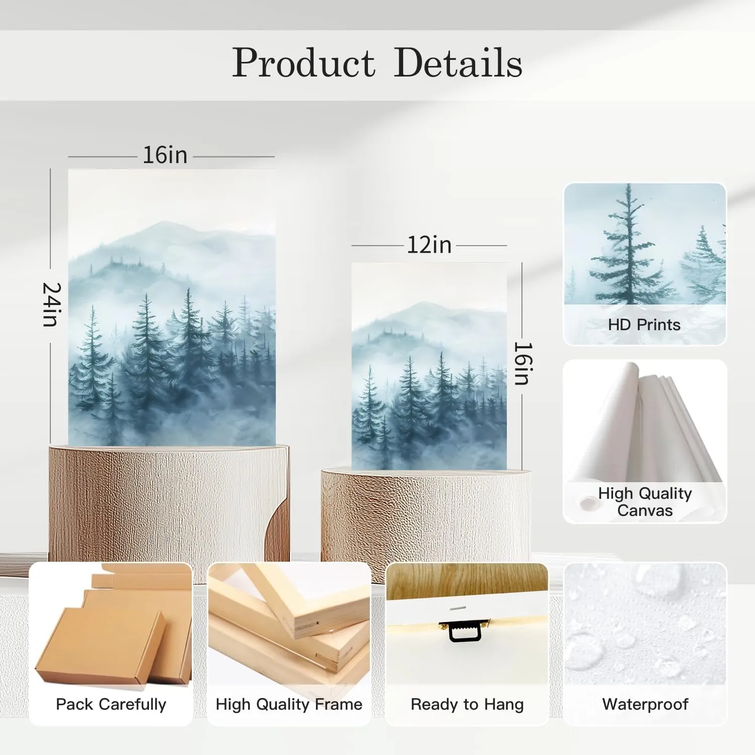HTTART Foggy Forest Trees Landscape Wall Art, Blue Misty Spruce Forest Painting Artwork, Nature Scene Canvas Art for Living Room, Bedroom Framed Ready to Hang 12"x16" Set of 3