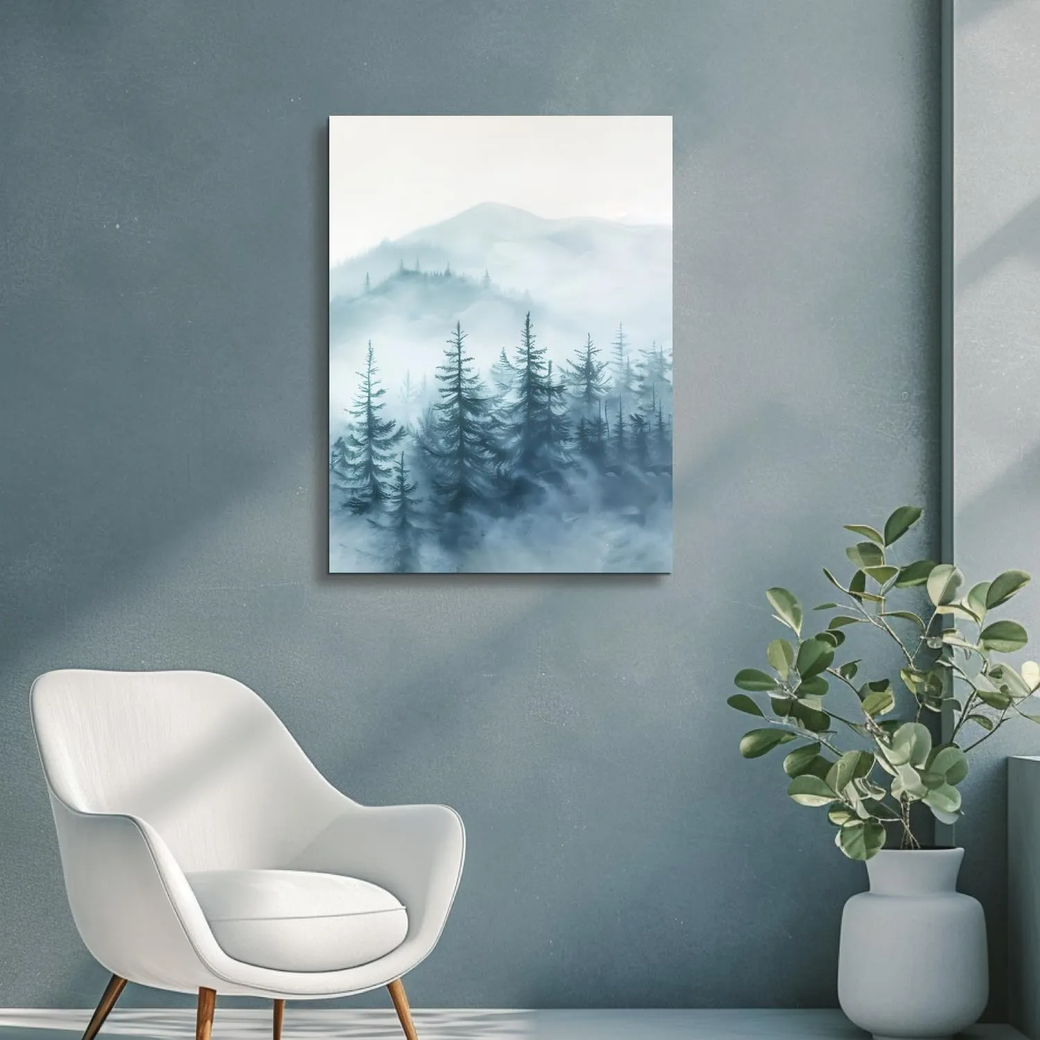 HTTART Foggy Forest Trees Landscape Wall Art, Blue Misty Spruce Forest Painting Artwork, Nature Scene Canvas Art for Living Room, Bedroom Framed Ready to Hang 12"x16" Set of 3