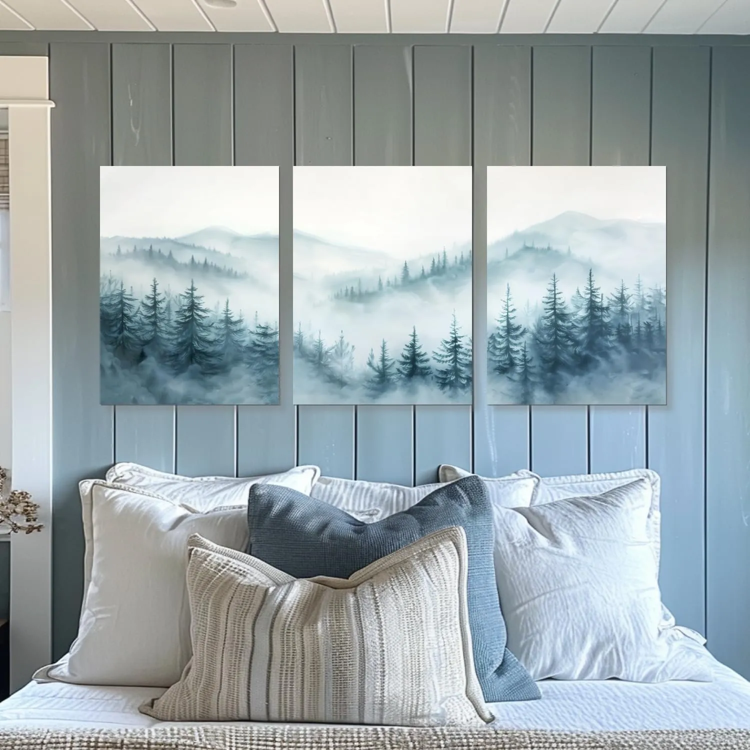 HTTART Foggy Forest Trees Landscape Wall Art, Blue Misty Spruce Forest Painting Artwork, Nature Scene Canvas Art for Living Room, Bedroom Framed Ready to Hang 12"x16" Set of 3