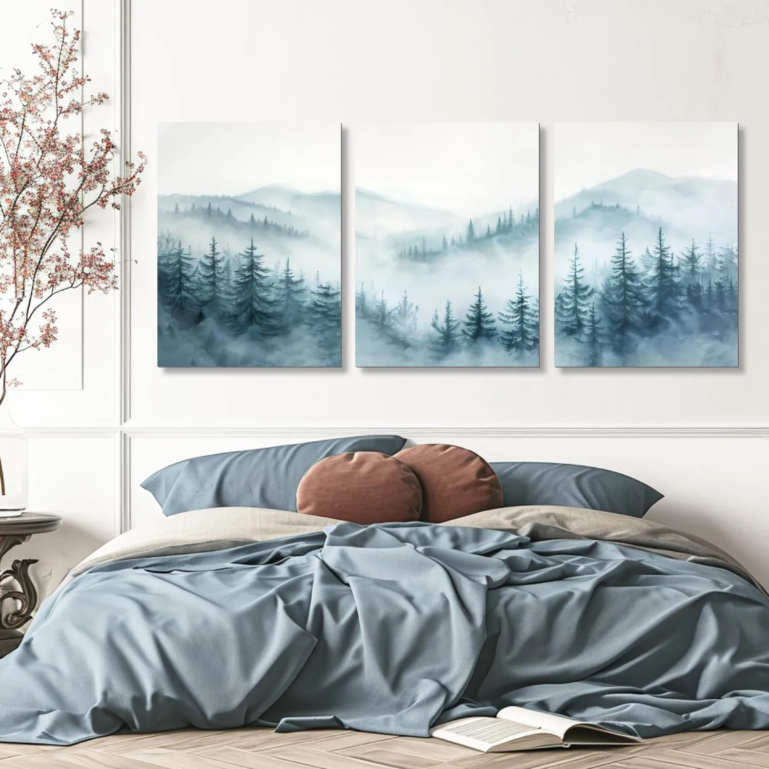 HTTART Foggy Forest Trees Landscape Wall Art, Blue Misty Spruce Forest Painting Artwork, Nature Scene Canvas Art for Living Room, Bedroom Framed Ready to Hang 12"x16" Set of 3