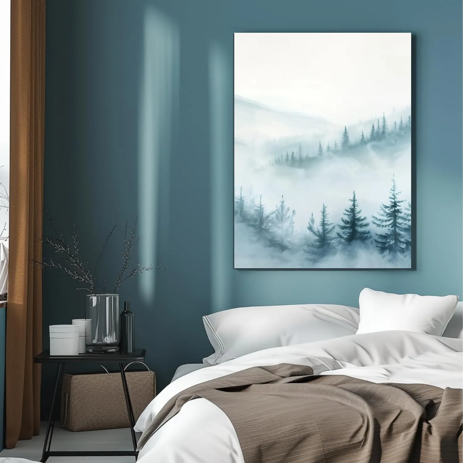 HTTART Foggy Forest Trees Landscape Wall Art, Blue Misty Spruce Forest Painting Artwork, Nature Scene Canvas Art for Living Room, Bedroom Framed Ready to Hang 12"x16" Set of 3