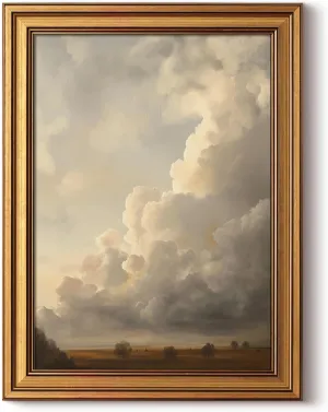 HUARCEY Gold Framed Canvas Wall Art, Cloud Picture Decor, Bedroom Living Room Sky Landscape Nature Decor, Rustic Vintage Neutral Canvas Paintings, 12x16inch