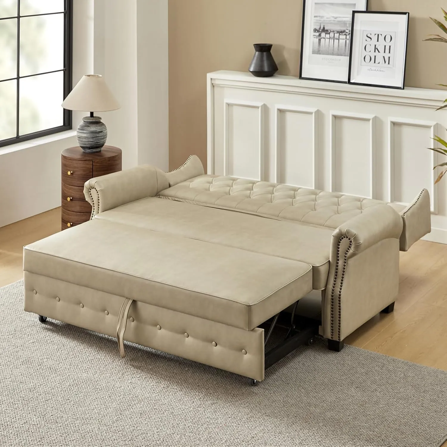 HULALA HOME 74" Faux Leather Setee Sleeper Sofa Bed,Transitional High Back Chesterfield Sofa Bed Couches for Living Room and Bedroom,Beige