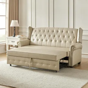 HULALA HOME 74" Faux Leather Setee Sleeper Sofa Bed,Transitional High Back Chesterfield Sofa Bed Couches for Living Room and Bedroom,Beige
