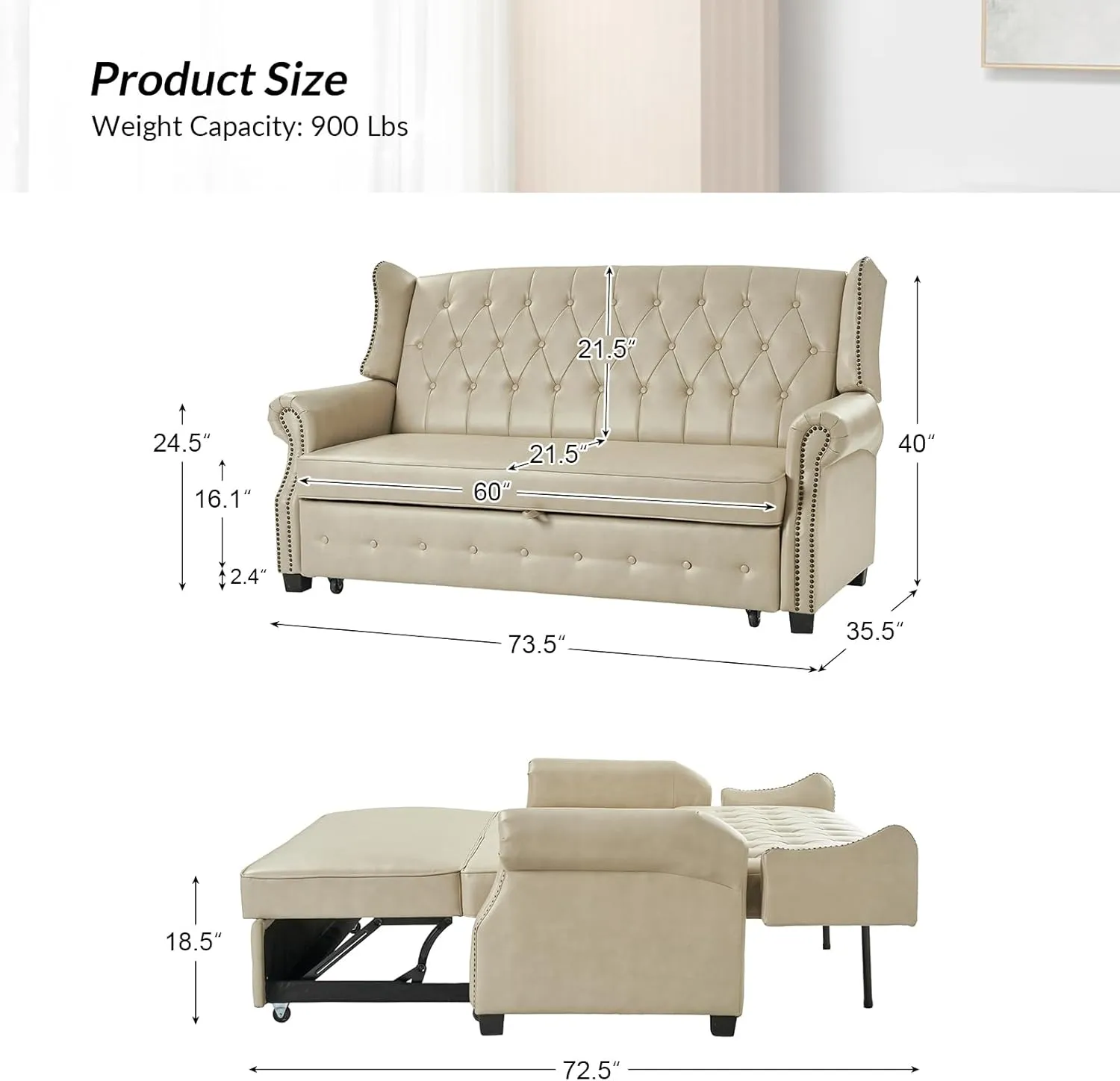 HULALA HOME 74" Faux Leather Setee Sleeper Sofa Bed,Transitional High Back Chesterfield Sofa Bed Couches for Living Room and Bedroom,Beige