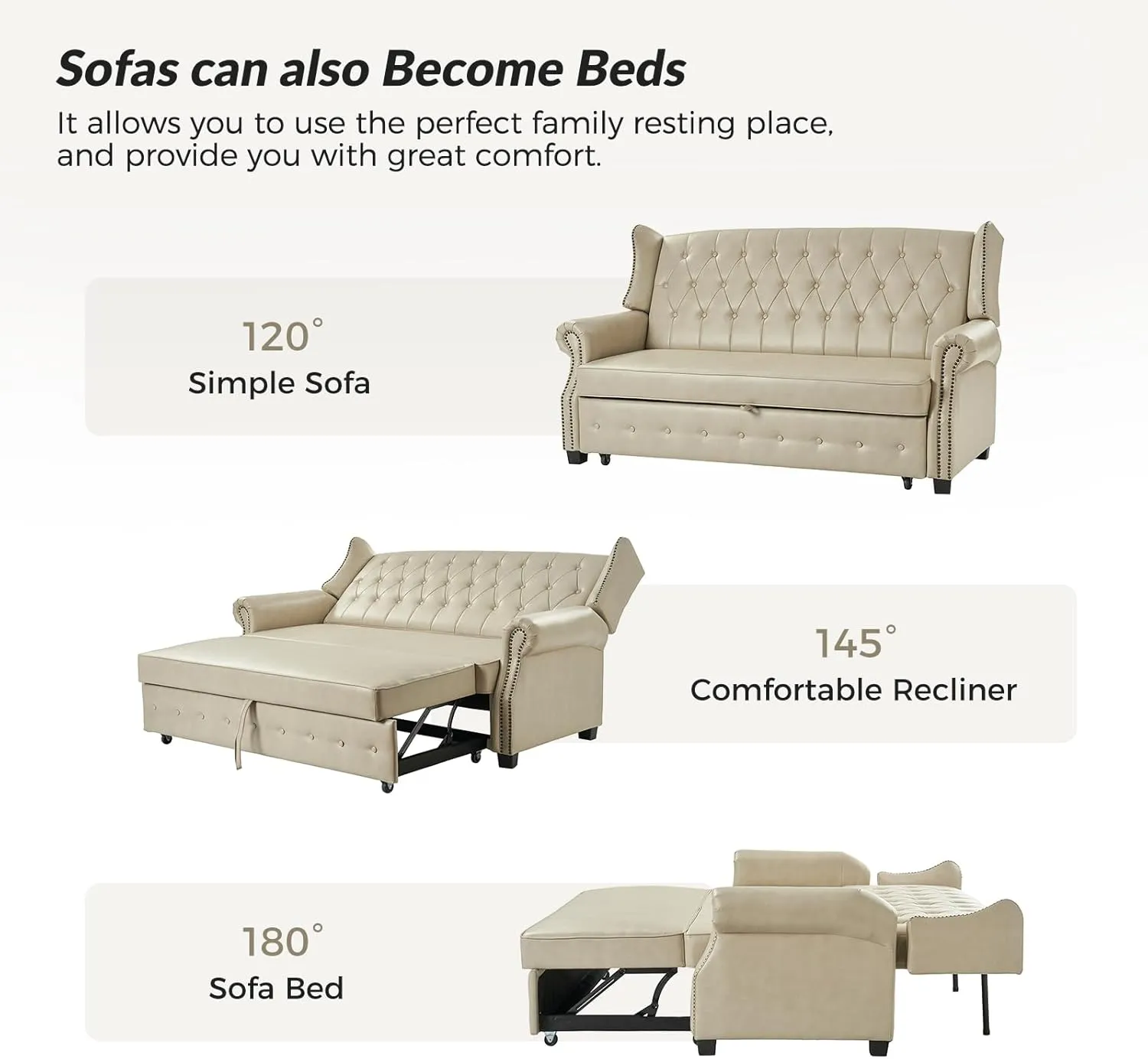 HULALA HOME 74" Faux Leather Setee Sleeper Sofa Bed,Transitional High Back Chesterfield Sofa Bed Couches for Living Room and Bedroom,Beige