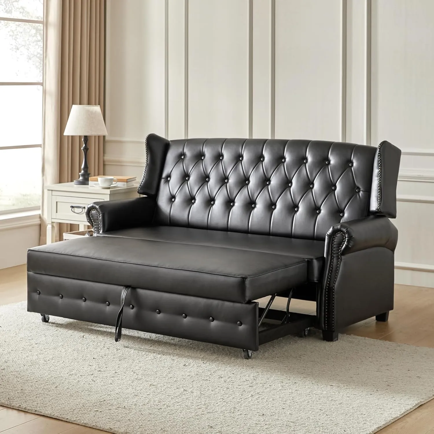 HULALA HOME 74" Faux Leather Setee Sleeper Sofa Bed,Transitional High Back Chesterfield Sofa Bed Couches for Living Room and Bedroom,Black