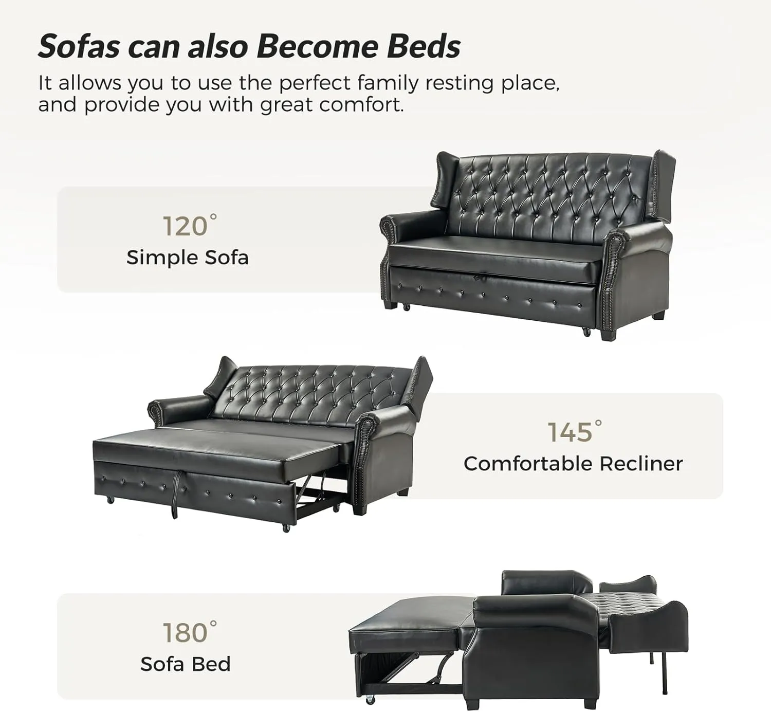 HULALA HOME 74" Faux Leather Setee Sleeper Sofa Bed,Transitional High Back Chesterfield Sofa Bed Couches for Living Room and Bedroom,Black