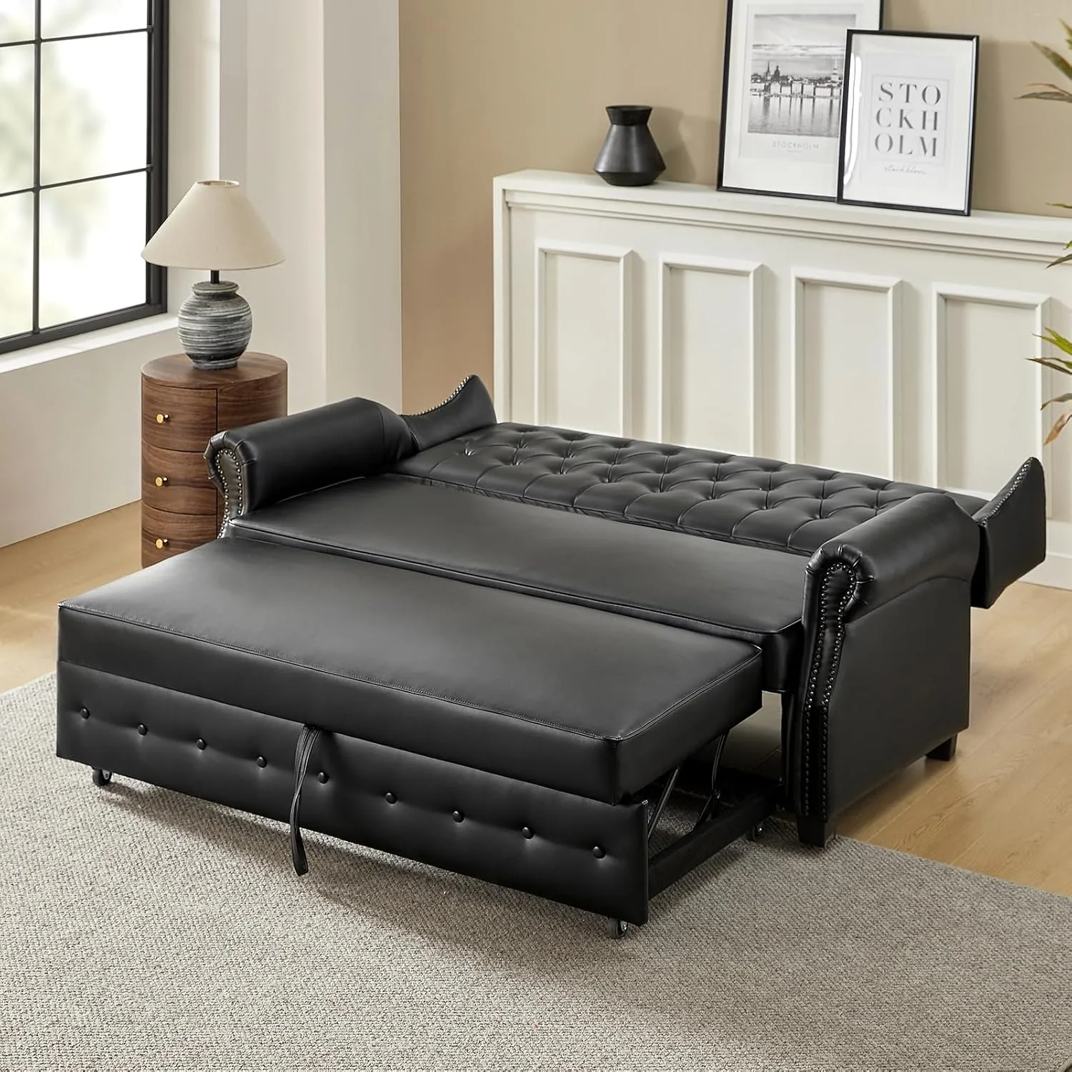 HULALA HOME 74" Faux Leather Setee Sleeper Sofa Bed,Transitional High Back Chesterfield Sofa Bed Couches for Living Room and Bedroom,Black