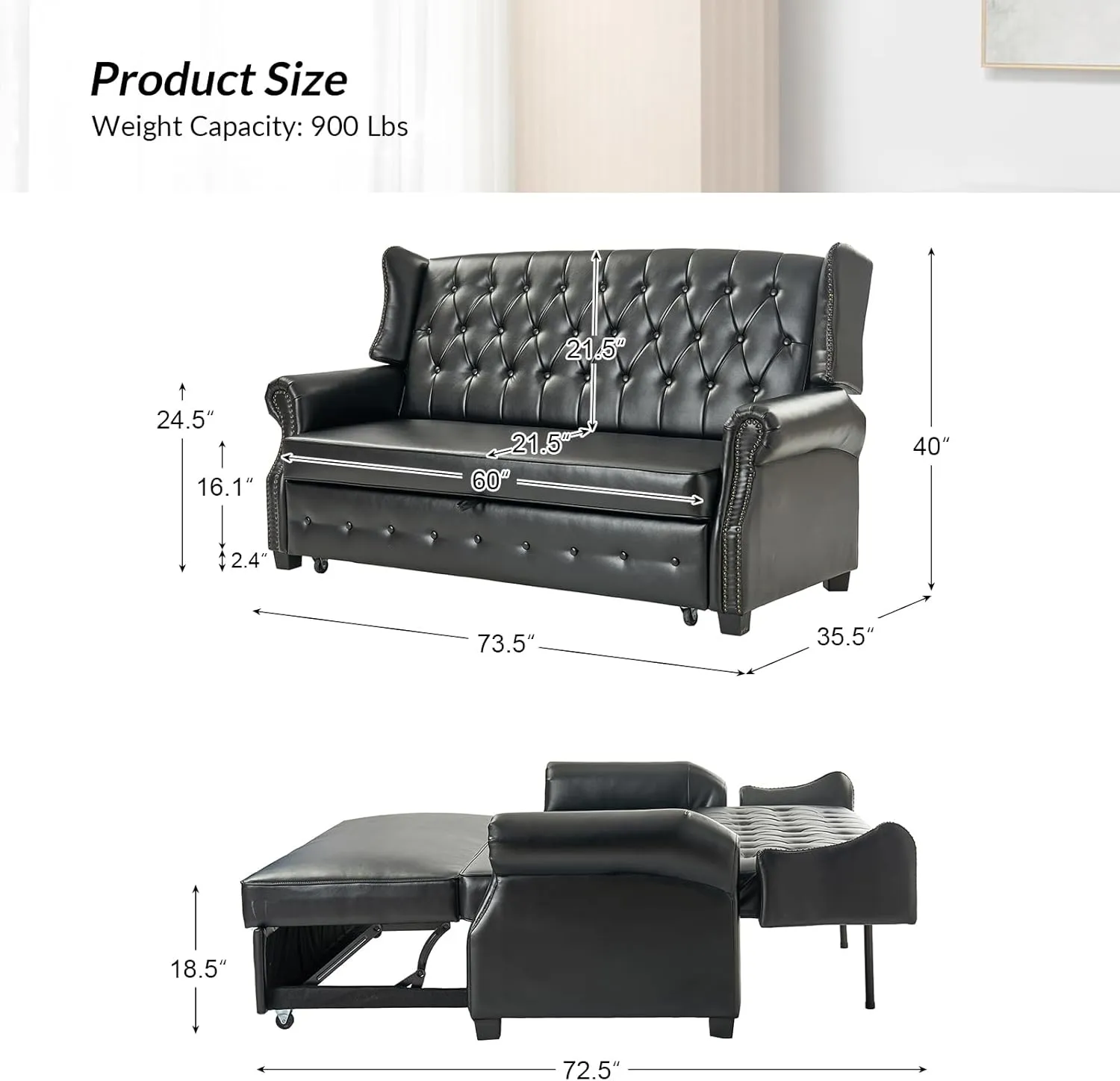 HULALA HOME 74" Faux Leather Setee Sleeper Sofa Bed,Transitional High Back Chesterfield Sofa Bed Couches for Living Room and Bedroom,Black
