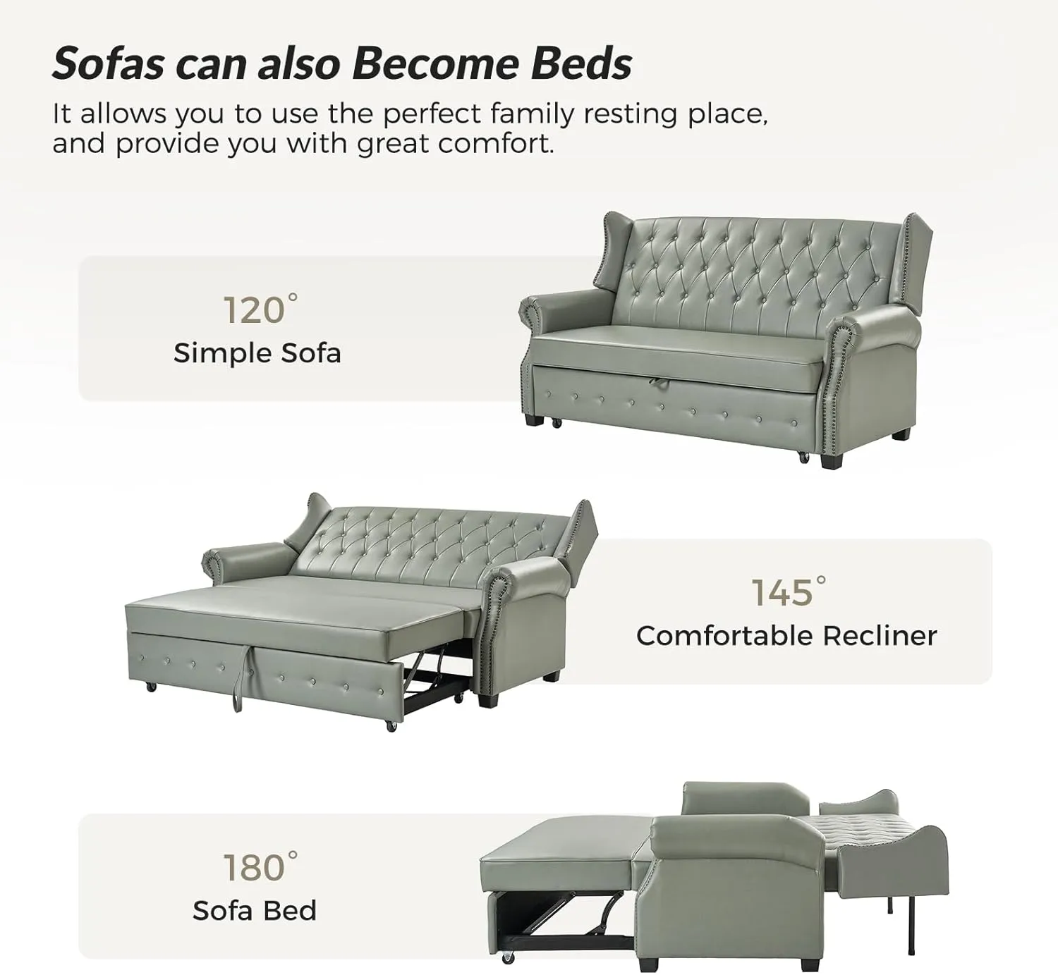 HULALA HOME 74" Faux Leather Setee Sleeper Sofa Bed,Transitional High Back Chesterfield Sofa Bed Couches for Living Room and Bedroom,Sage