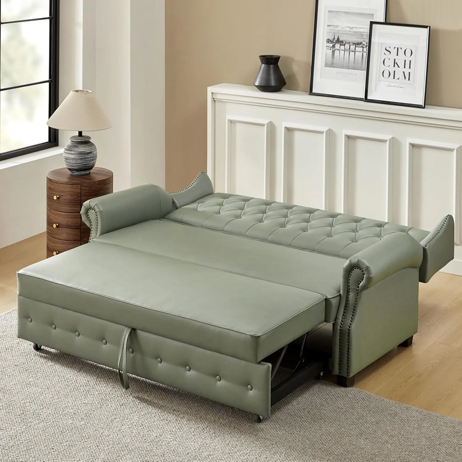 HULALA HOME 74" Faux Leather Setee Sleeper Sofa Bed,Transitional High Back Chesterfield Sofa Bed Couches for Living Room and Bedroom,Sage