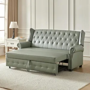 HULALA HOME 74" Faux Leather Setee Sleeper Sofa Bed,Transitional High Back Chesterfield Sofa Bed Couches for Living Room and Bedroom,Sage