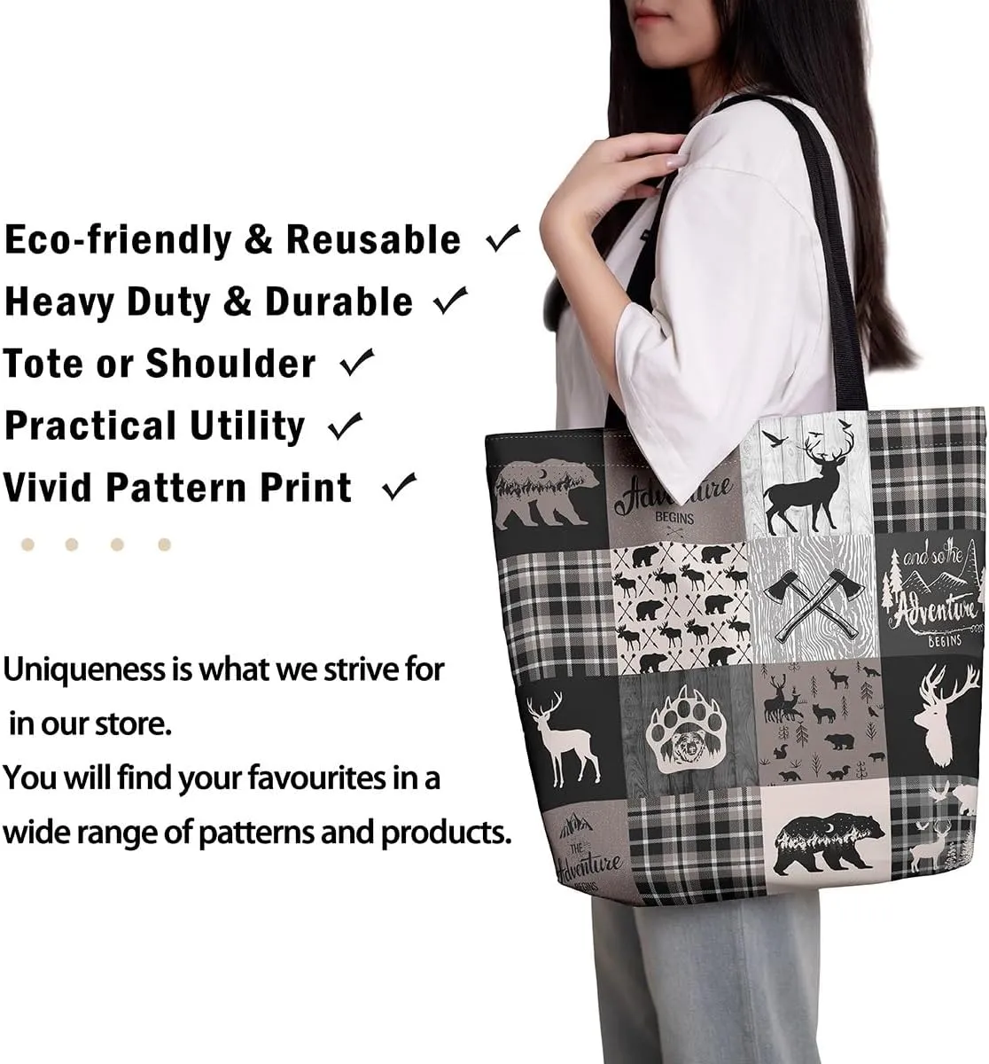 Hunting Deer Canvas Tote Bag Farmhouse Rustic Tote Bag Wildlife Bear Shopping Grocery Bags