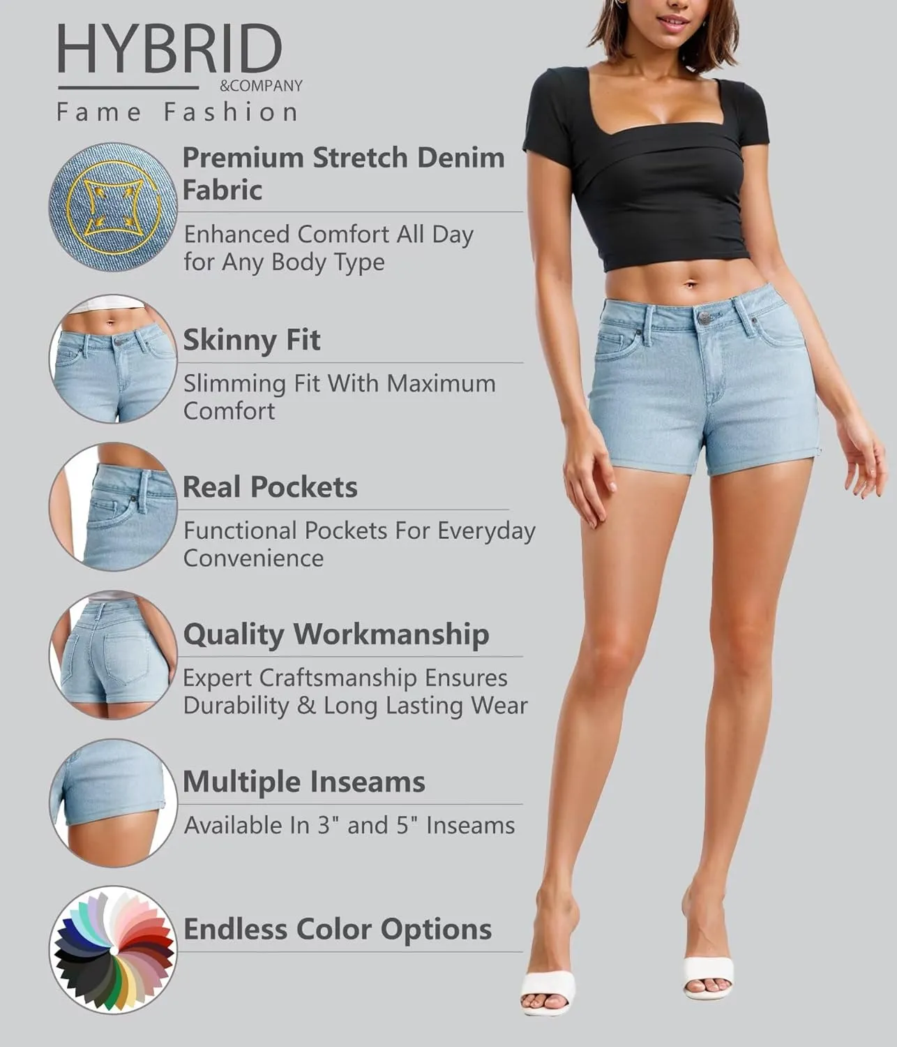 Hybrid & Company Womens Mid Rise Denim Stretchy Jean Shorts with Pockets