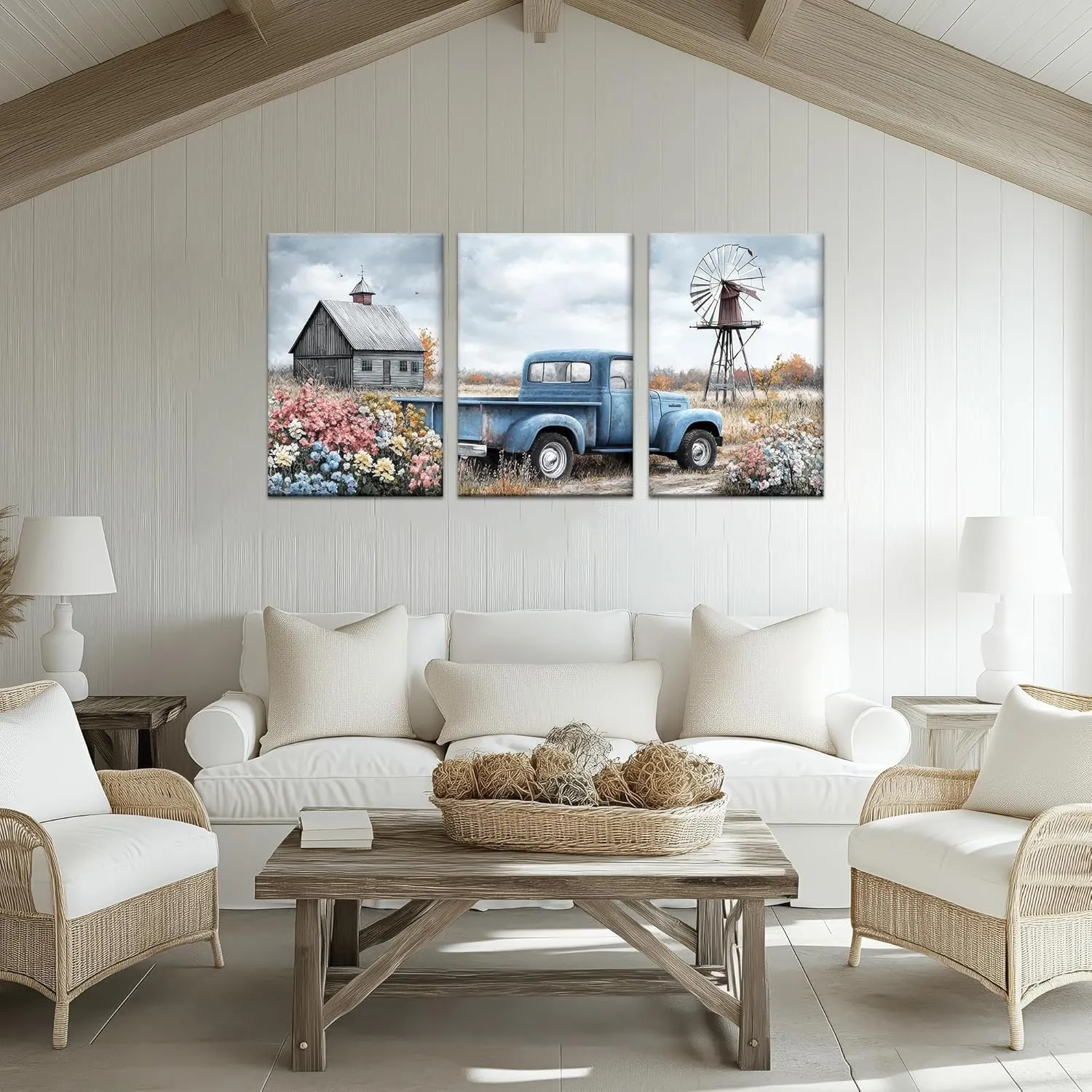Hzddty Canvas Wall Art Rustic Farmhouse Old Truck Barn with Flowers Country Landscape for Home Decor, Windmills Country Farmhouse Living Room Decor 3-Panel Canvas Art (24" Hx36 W x3)