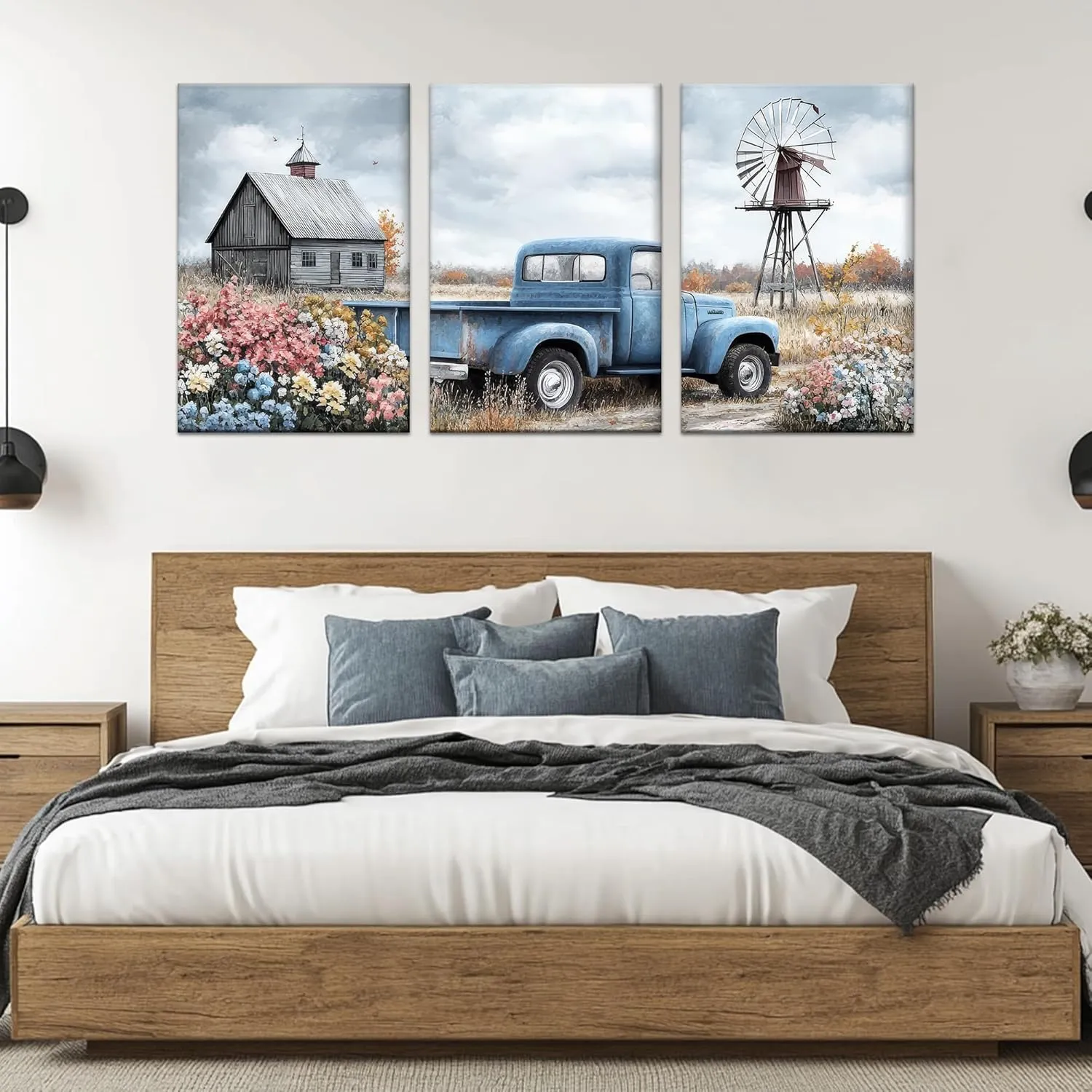 Hzddty Canvas Wall Art Rustic Farmhouse Old Truck Barn with Flowers Country Landscape for Home Decor, Windmills Country Farmhouse Living Room Decor 3-Panel Canvas Art (24" Hx36 W x3)