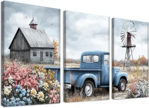Hzddty Canvas Wall Art Rustic Farmhouse Old Truck Barn with Flowers Country Landscape for Home Decor, Windmills Country Farmhouse Living Room Decor 3-Panel Canvas Art (24" Hx36 W x3)