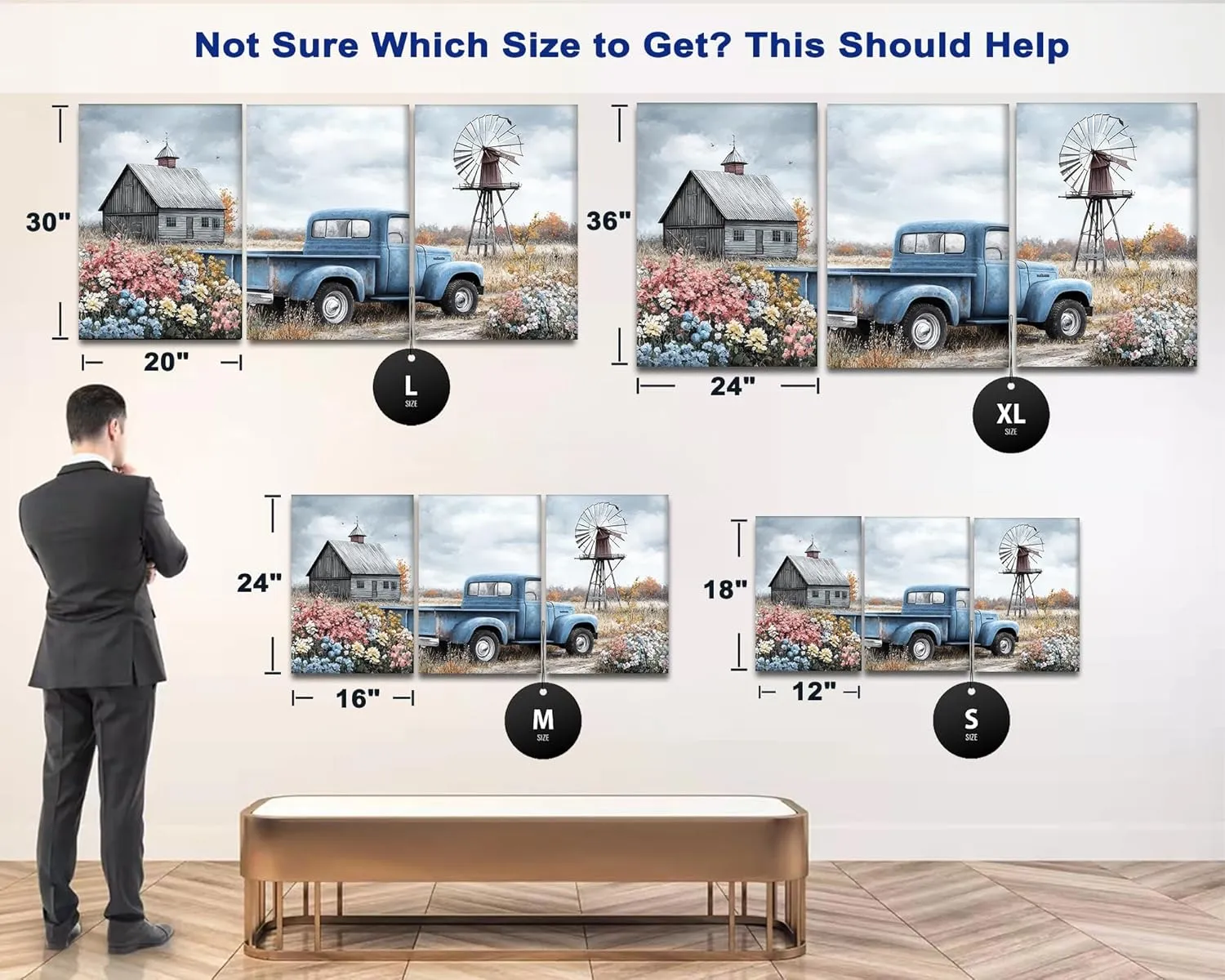 Hzddty Canvas Wall Art Rustic Farmhouse Old Truck Barn with Flowers Country Landscape for Home Decor, Windmills Country Farmhouse Living Room Decor 3-Panel Canvas Art (24" Hx36 W x3)