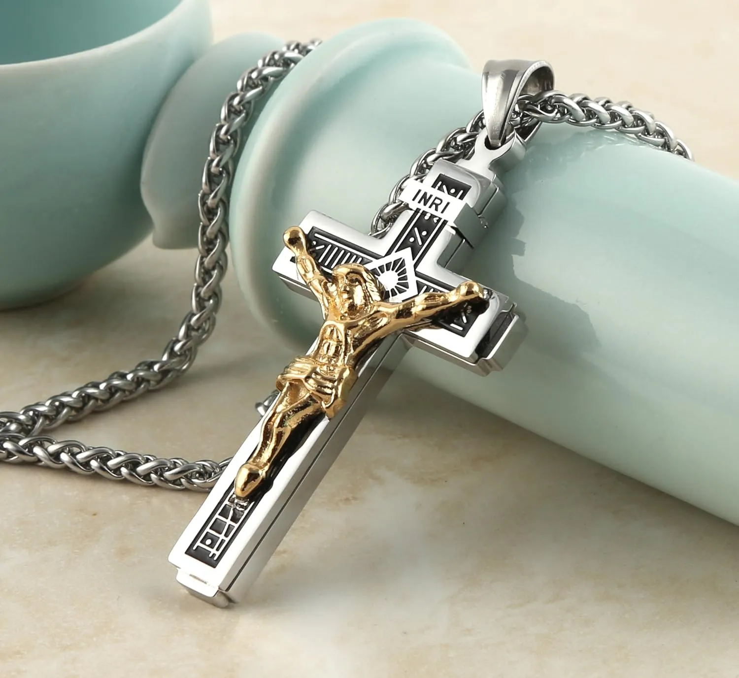 HZMAN Catholic Jesus Christ on INRI Cross Crucifix Gold Silver Tone stainless steel Pendant Necklace 22 2 Chain