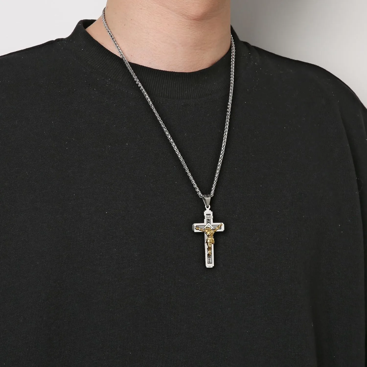 HZMAN Catholic Jesus Christ on INRI Cross Crucifix Gold Silver Tone stainless steel Pendant Necklace 22 2 Chain
