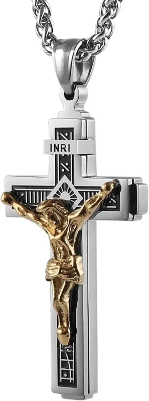HZMAN Catholic Jesus Christ on INRI Cross Crucifix Gold Silver Tone stainless steel Pendant Necklace 22 2 Chain