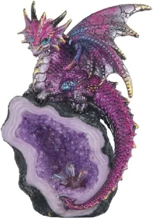ICE ARMOR 8" H Purple Dragon Guarding Faux Crystal Cave Statue Fantasy Decoration Figurine