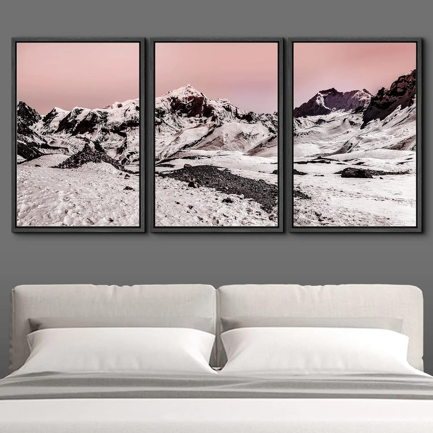 IDEA4WALL Framed Wall Art Print Set Snowy Mountain Valley with Pink Coral Skyline Nature Wilderness Photography Realism Rustic Scenic Duotone for Living Room, Bedroom, Office - 24"x36"x3 Black