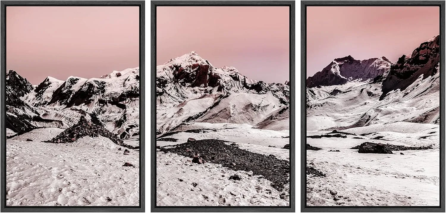IDEA4WALL Framed Wall Art Print Set Snowy Mountain Valley with Pink Coral Skyline Nature Wilderness Photography Realism Rustic Scenic Duotone for Living Room, Bedroom, Office - 24"x36"x3 Black