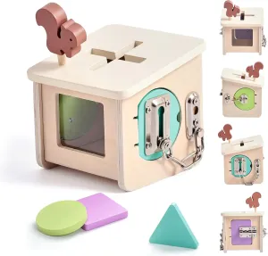 IEATFO Wooden Lock Box STEM Learning Toys for Kids - Montessori Puzzle Cube with 3 Types of Locks (Hook/Chain/Sliding Bolt), Shape Sorting - Early Educational Fine Motor Skills for Boys & Girls