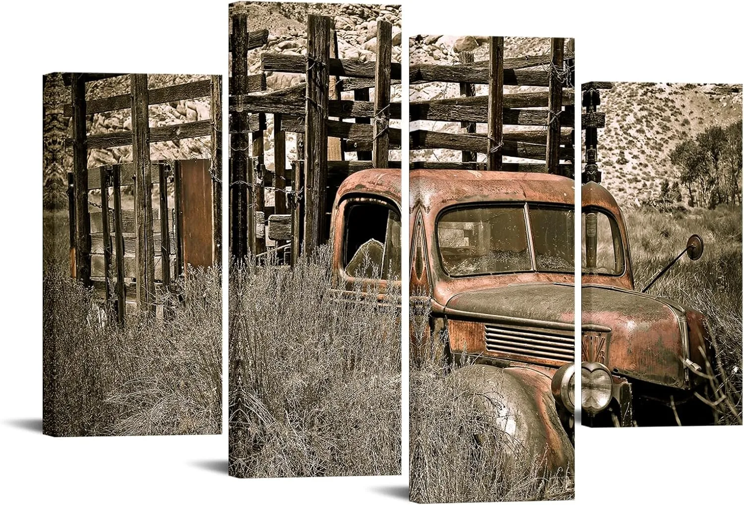 iKNOW FOTO 4 Pieces Rusty Truck Canvas Wall Art Vintage Rustic Abandoned Old Car Picture Country Classic Farmhouse Painting Print Artwork for Bedroom Bathroom Office 48x33 Inches