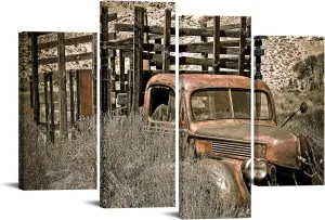 iKNOW FOTO 4 Pieces Rusty Truck Canvas Wall Art Vintage Rustic Abandoned Old Car Picture Country Classic Farmhouse Painting Print Artwork for Bedroom Bathroom Office 48x33 Inches