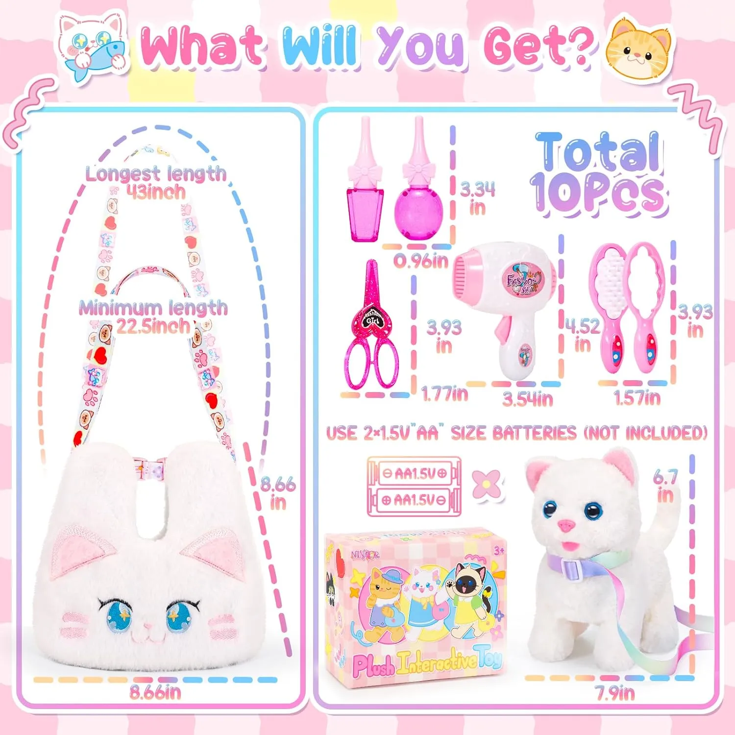 Interactive Cat Toys for Kids with Crossbody Bags, Stuffed Cat Plush with Leash Walking Meow Pretend Play Kitty Robot Pet Toy, Electronic Realistic Cute Stuff for Girls Plushies Toddler Toys