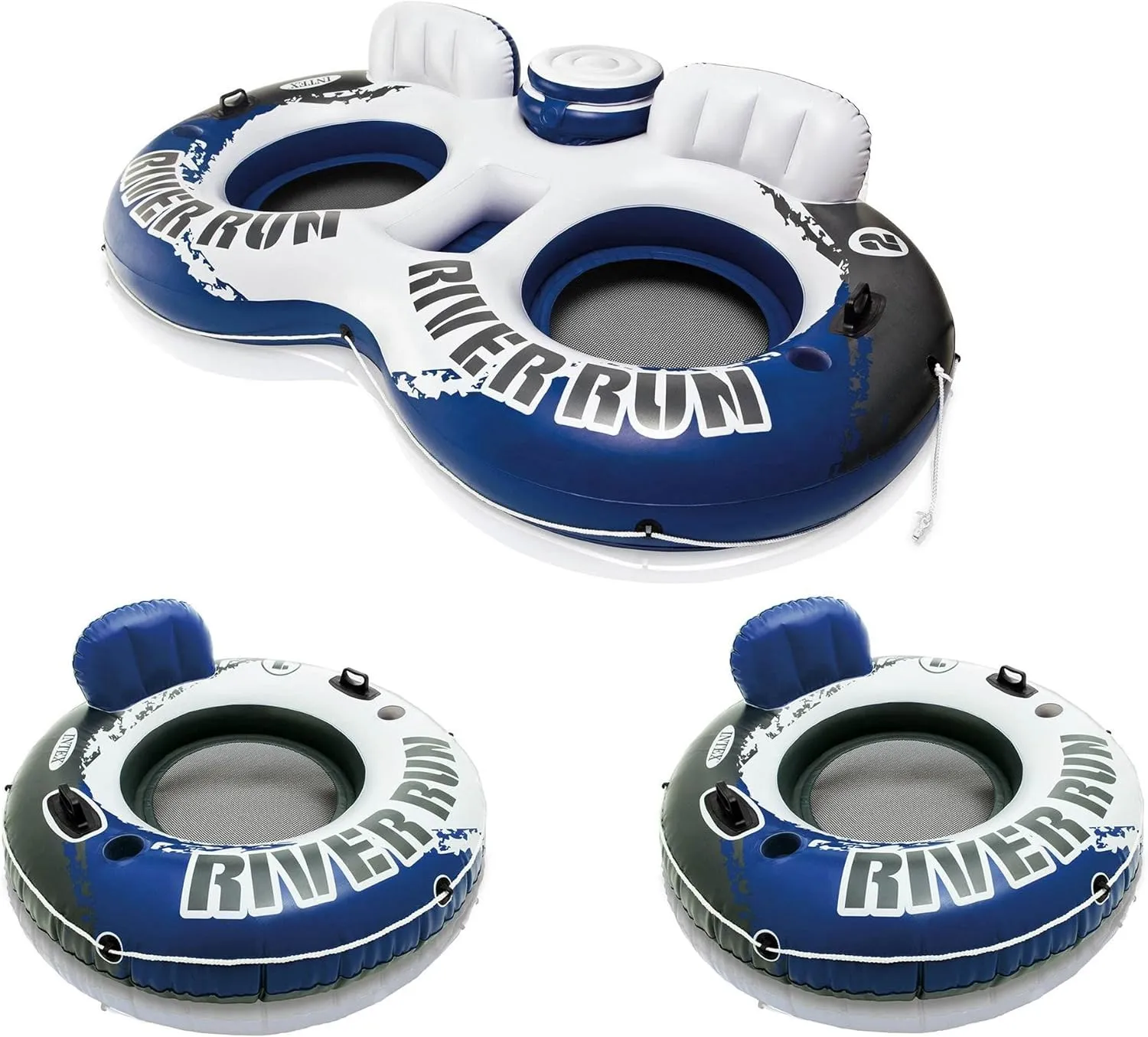 Intex River Run II Inflatable Double Rider Inntertube with Built-in Cooler and Cupholders with River Run I Single Floating Water Rafts (2 Pack)