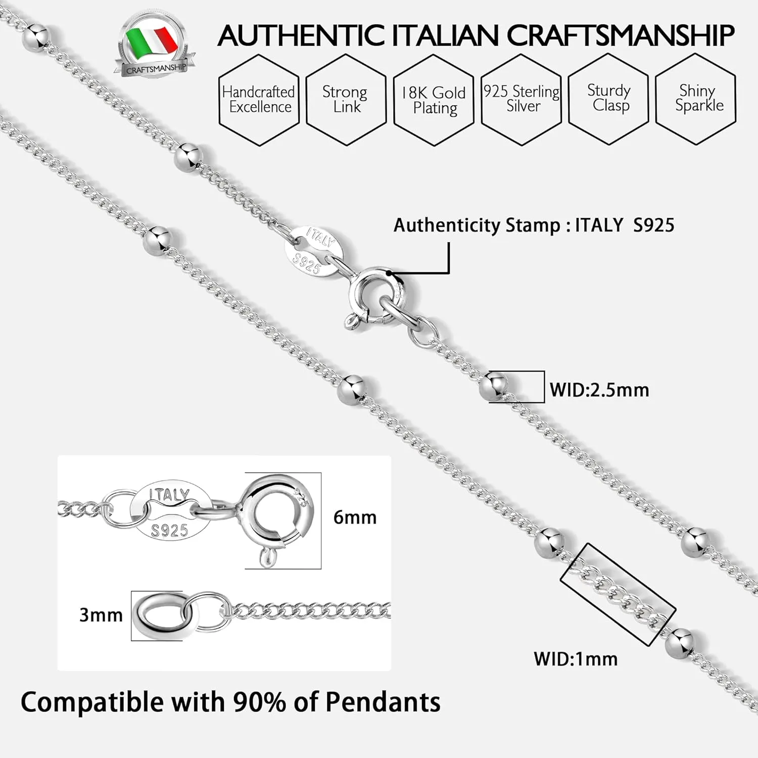 Italian 1.2/1/0.8mm 925 Sterling Silver Chain for Women, Solid Box Cable Rope Station Necklace Chains, Nickel-Free & Hypoallergenic, Thin & Dainty & Sturdy, Perfect for Pendants & Everyday Jewelry