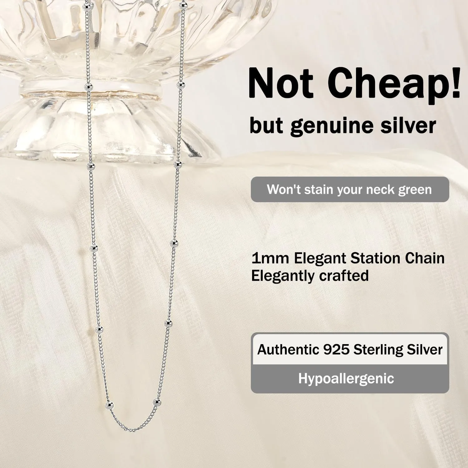 Italian 1.2/1/0.8mm 925 Sterling Silver Chain for Women, Solid Box Cable Rope Station Necklace Chains, Nickel-Free & Hypoallergenic, Thin & Dainty & Sturdy, Perfect for Pendants & Everyday Jewelry
