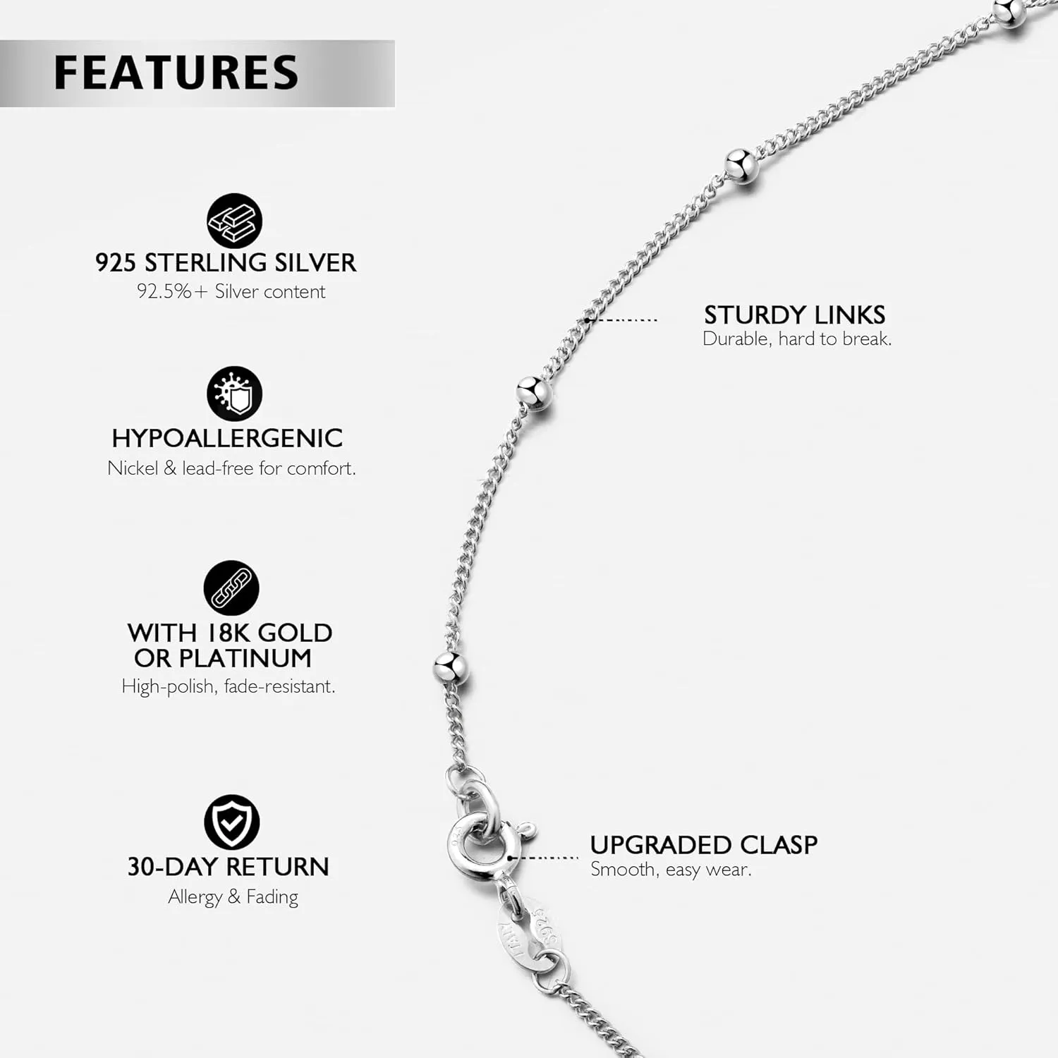 Italian 1.2/1/0.8mm 925 Sterling Silver Chain for Women, Solid Box Cable Rope Station Necklace Chains, Nickel-Free & Hypoallergenic, Thin & Dainty & Sturdy, Perfect for Pendants & Everyday Jewelry