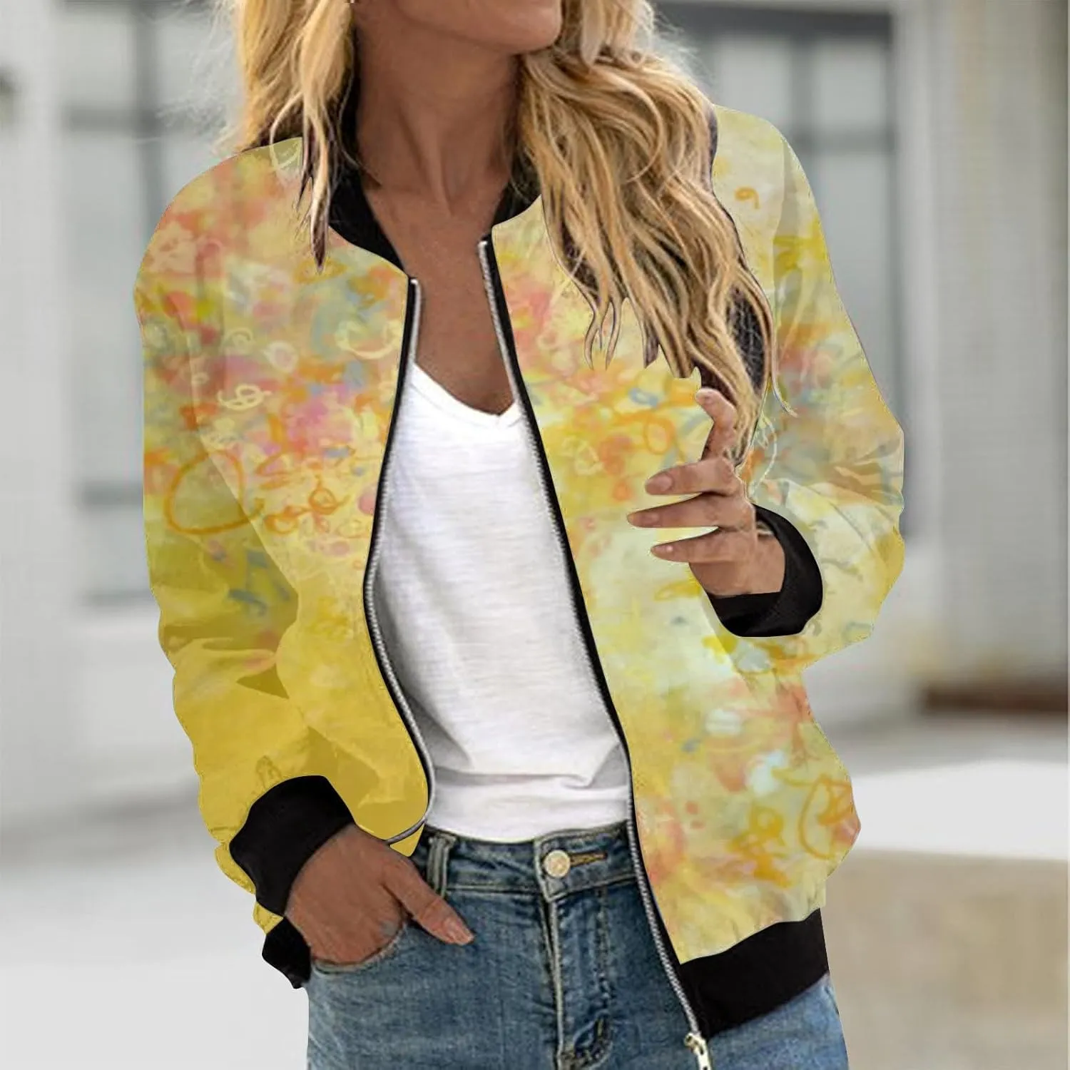 Jacket for Women Trendy Square Thin Pocket Jacket Blouse Coat Baseball Top Women's Casual Floral Bomber Jacket Coat