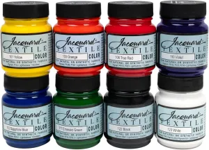 Jacquard Textile 8 Color Primary/Secondary Color Set - Permanent Fabric Paint for Clothes, Furniture Upholstery, Shoes & Bags - Indoor & Outdoor Fabric Paint Set - 2.25 Oz Jars Upholstery Fabric paint