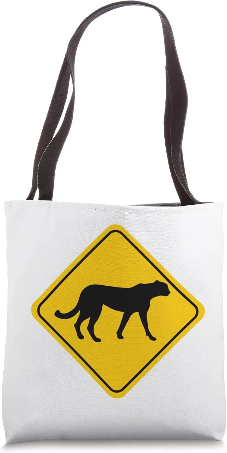 Jaguar Leopard Cheetah Crossing Classic Road Sign Graphic Tote Bag