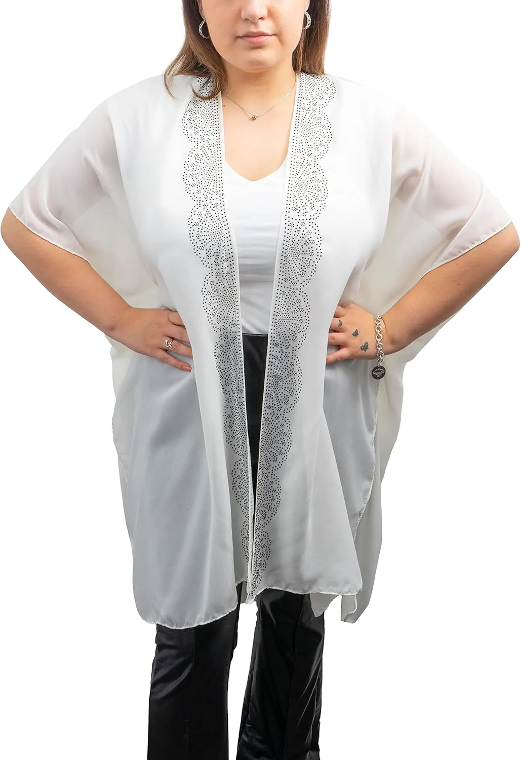 Jessica McClintock Rose Chain Print Rhinestone Beach Cover Up Swimsuit Sheer Kimono Cardigan