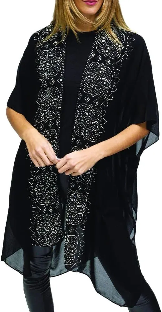 Jessica McClintock Rose Chain Print Rhinestone Beach Cover Up Swimsuit Sheer Kimono Cardigan
