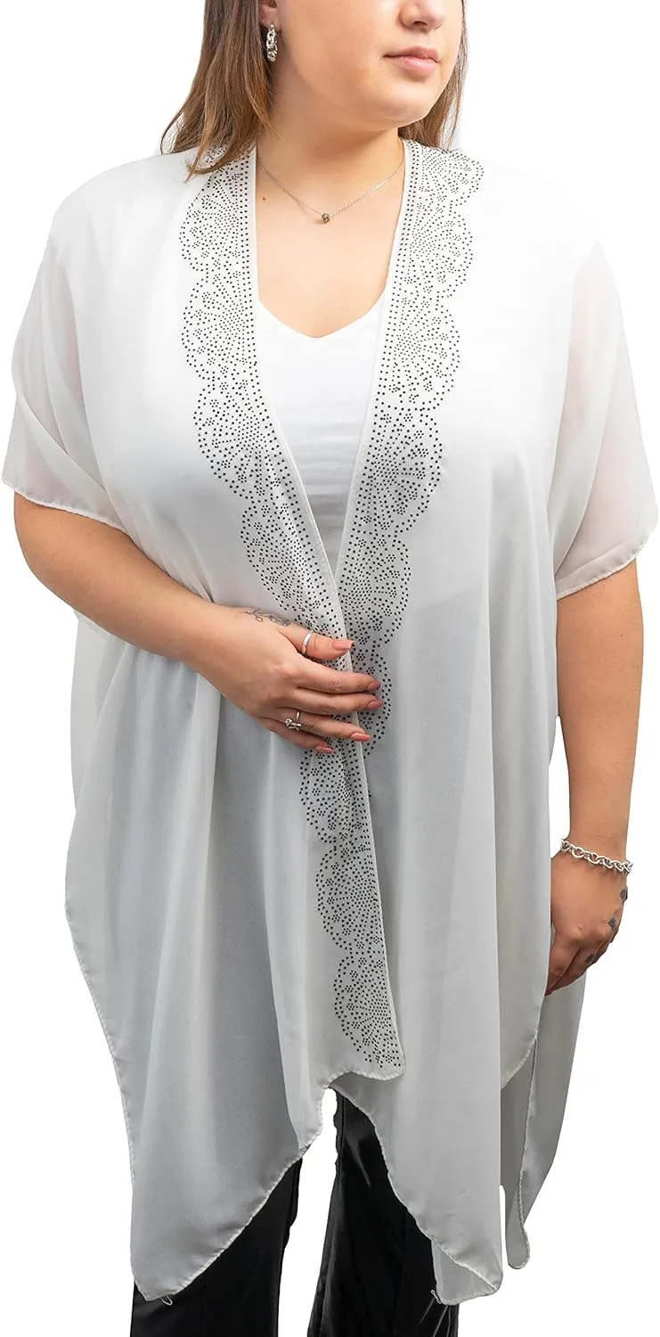 Jessica McClintock Rose Chain Print Rhinestone Beach Cover Up Swimsuit Sheer Kimono Cardigan
