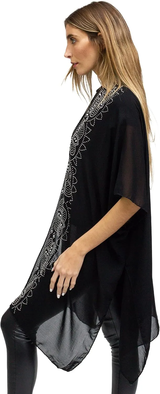 Jessica McClintock Rose Chain Print Rhinestone Beach Cover Up Swimsuit Sheer Kimono Cardigan